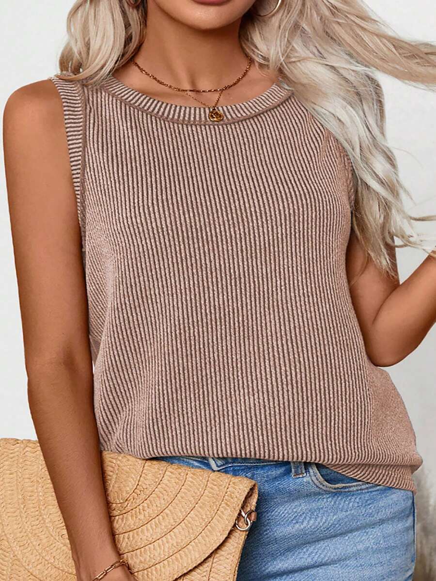 Plus Size Women's Round Neck Ribbed Top Casual Vacation Summer - Khaki - View 1