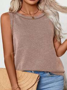 Plus Size Women's Round Neck Ribbed Vest Top Casual Vacation Summer