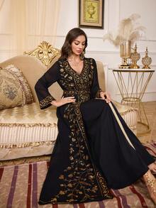 女士长袖串珠二合一长袍 - 黑色 - 查看 1