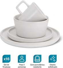 Vajilla moderna de gres 4, 16 piezas: taza, platos hondos, ensaladera y plato tallado. Cubierta de cerámica resistente a  temperaturas para lavavajillas y horno microondas. - Blanco - Ver 11