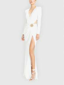 Women's Elegant Long Sleeve Hollow Cross V-Neck Side High Slit Fitted Dress With Invisible Zipper Back, Long Evening Gown For Party,Cocktail