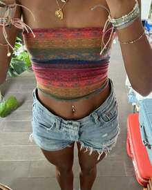 Women Boho Floral Tube Top  Colorful Flower Print Strapless Slim Fit Crop Top Beach Vacation Bandeau Tops - trái cam - Xem 3