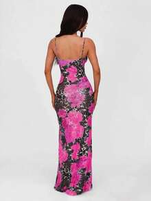 Autumn Women's Sexy Bodycon Leopard Print Maxi Dress, Blue Floral Contrast Color Backless Spaghetti Strap Elegant Party Dress, Women's Sexy Casual Party Club Evening Gown - Hot Pink - View 2
