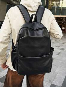 1pc Casual Minimalist Backpack, Large Capacity Multi-Pocket PU Soft Surface Design, Suitable For Short Trip Outdoor For Men - Black - View 4
