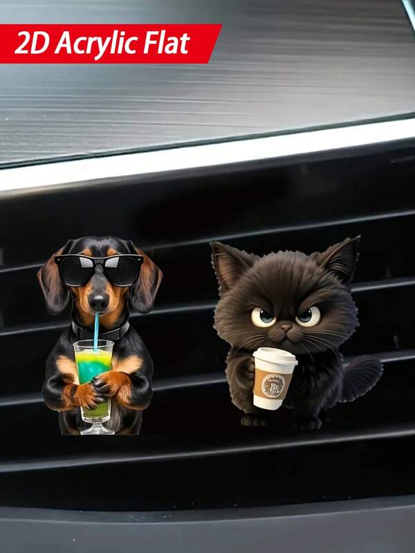 1pc 2D Acrylic Dachshund Holding Drink/Black Cat Holding Coffee Cup 2D Acrylic Car Air Freshener - In-Car Fragrance - Car Interior Accessories - Car Deodorizer - Long Lasting Scent, Scent Source: Compressed Fragrance Pad, Stylish Car Air Vent Clip