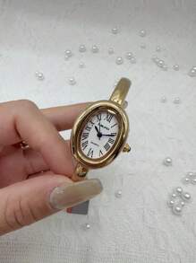 1pc Ladies' Watch, Golden Watch, Classic Oval-Shaped Case With Roman Numeral Dial, Suitable For Daily Wear, Business Work Watch, Festival Gift