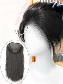 自然黑色合成顶部额头隐形无缝蕾丝网覆盖白发蓬松增加发量长直发中分头发替换片 - 黑色 - 查看 3