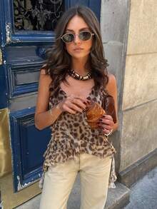 Áo ba lỗ in họa tiết da báo nhiều lớp gợi cảm cho nữ mùa hè Áo hai dây vải tuyn giản dị - Màu nâu Sô-cô-la - Xem 5