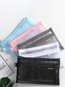 1 pieza Bolsa de lápices minimalista de unicolor y transparente de malla, de gran capacidad y multifuncional con cremallera para organizar artículos de oficina y papelería, para estudiantes y escuela - Multicolor - Ver 3