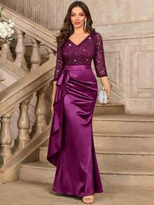 MIUSOL Elegancka sukienka maxi z dekoltem w serek, koronką i cekinami, falbanką i satynowym wykończeniem, rękawami 3/4, na wieczorne przyjęcie - Kasztanowy - Zobacz 3