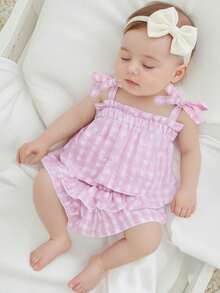 Newborn Baby Girls Summer 2pcs Outfit Plaid Tie Shoulder Sleeveless Ruffle Camisole Crop Top + Elastic Waist Shorts Set - Hồng - Xem 2
