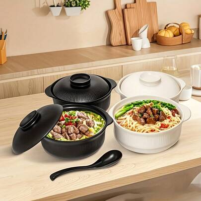 大容量带盖餐具套装 现代简约风格 38盎司（1100毫升）便携碗 适用于宿舍 家庭聚会 野餐 日式拉面碗 学生午餐碗勺