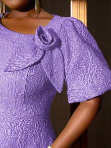 大码女士玫瑰提花泡泡袖A字毕业礼服，适合通勤、优雅鸡尾酒会、半正式舞会、生日、婚礼宾客、毕业典礼、晚宴、返校节等场合，也适合情人节和春季穿着。 - 紫色 - 查看 6