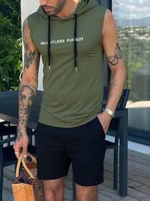 Summer Sports Set, Boyfriend Style Men's Fitness Loose Round Neck Short Sleeve T-Shirt With Running, Casual Sports Clothes, Athletic Suit, Tracksuit Boyfriend Style Men Shorts Set Boyfriend Style Men Two Pieces Outfits - Army Green - View 3