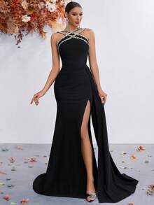 Criss-Cross Rhinestone High Waist Long Flowing Slit Back Lace-Up Ball Gown Evening Dress - Black - View 8