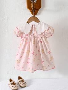 1 件女童蝴蝶刺绣印花翻领短袖连衣裙，优雅宽松飘逸幼儿度假礼服 - 粉色 - 查看 2
