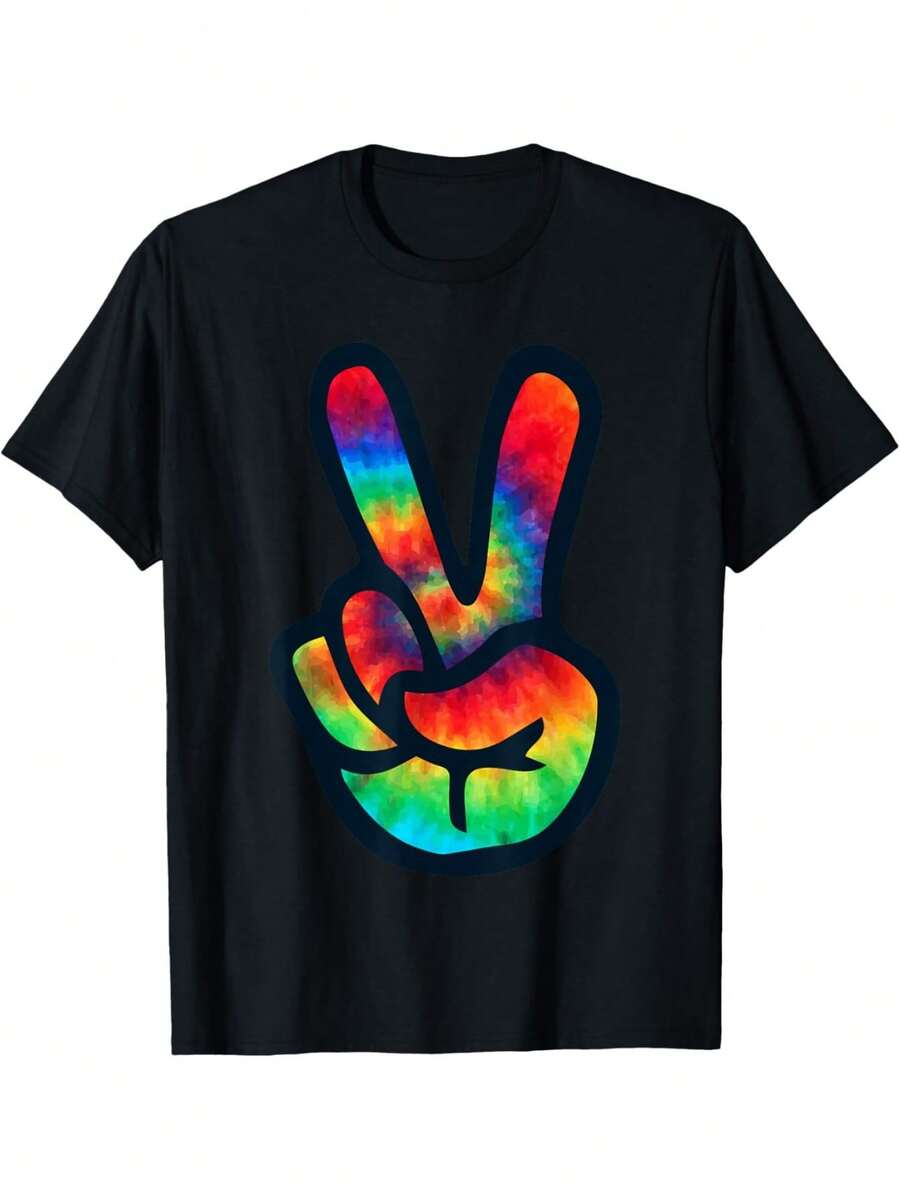 Camiseta con teñido anudado en forma de signo de la paz, camiseta estilo hippie para Navidad - Negro - Ver 1