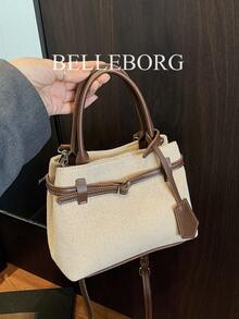 BELLEBORG 高品质休闲拼色复古帆布皮革扣托特包手提包，适合通勤女性 - 咖啡 - 查看 3