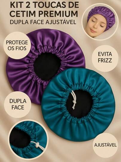 KIT 2 Touca De Cetim Ajustável Dupla Face Para Dormir Anti Frizz Protege E Alinha o Cabelo