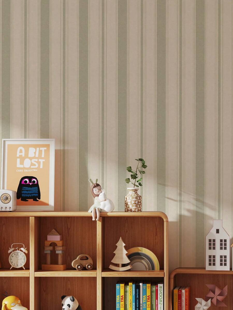 1 件简约绿色和蓝色条纹图案厚剥离粘贴壁纸，可移除和可修剪，适用于儿童/托儿所房间装饰、学龄前/宿舍活动区墙面翻新、橱柜贴纸，15.75x47.24/94.49/141.73 英寸