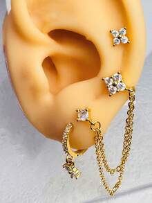 3件套精致迷你立方氧化锆耳环套装，女士立方氧化锆花朵耳骨耳环，时尚饰品，低过敏性14K镀金吊坠耳环，精致长链耳环，适合多个耳洞，女士及女孩配饰 - Gold-2# - 查看 4