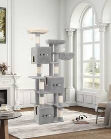 HEXCELEN 76" Cat Tree, Large Cat Tower For Indoor Cats, Cats House Furniture With 2 Platforms, 3 Condos, 7 Scratching Posts, 1 Basket, Pompoms, Washable Cushion, Cat Necessities, Cat Toys, Light Grey - 淺灰色 - 查看 4