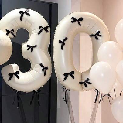 7 件/套 40 英寸奶油色数字气球，带黑色蝴蝶结，0-9 数字形状气球，适合生日派对、周年纪念装饰