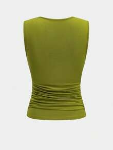 Casual Women's Ruched Two Pieces Outfit Round Neck Sleeveless Top With Split Thigh Skirt Slight Stretch - Green - View 3
