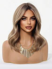 16-Inch Brown Ombre 8-Shaped Bangs Medium Curly Synthetic Heat-Resistant Fiber Wig, Suitable For Women's Daily Wear, Parties, Mother's Day, Music Festivals And Other Occasions - Brown Ombre - View 4
