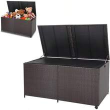 270 660L Garden Storage Box Weatherproof Rattan Deck Box With Zippered Liner And Solid Pneumatic Rod Outdoor Utility Chest Container For Patio Cushions Gardening Tools 660L With Wheels - Brown - View 1