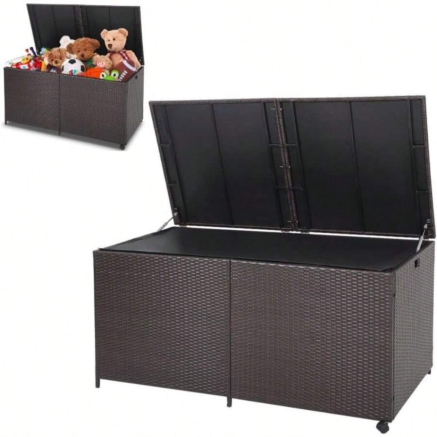 270 660L Garden Storage Box Weatherproof Rattan Deck Box With Zippered Liner And Solid Pneumatic Rod Outdoor Utility Chest Container For Patio Cushions Gardening Tools 660L With Wheels - Brown - View 1