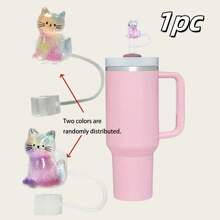 1/2/3 件闪亮树脂迷你猫吸管顶饰 - 彩虹和紫色闪光设计，可重复使用的闪光小猫设计 - 粉色 - 查看 13