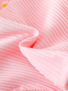 女婴花卉印花圆领荷叶边盖袖连衣裙，配有蝴蝶结头带，适合外出、聚会和拍照 - 粉色 - 查看 7