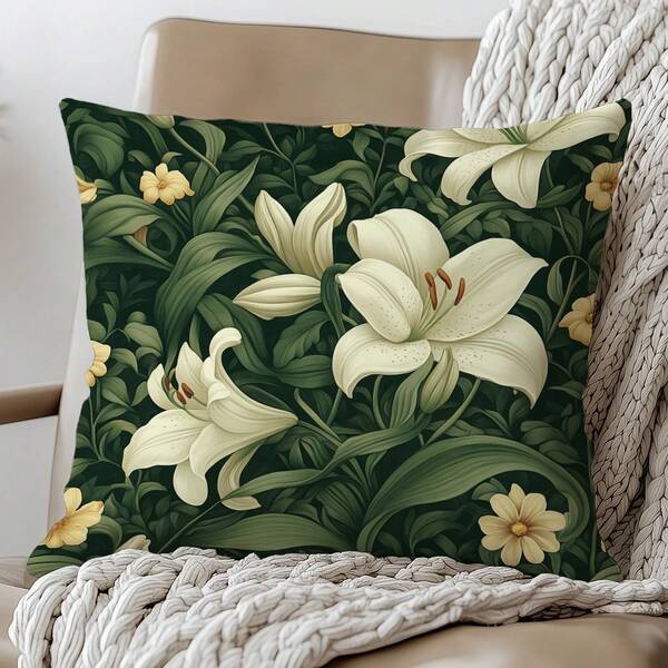 1pc Vintage Morris Green Background White Flower Decorative Pillow Case Cover, Single-Sided Printed Soft Peach Velvet Fabric, 45*45CM Cushion Cover Suitable For Room Decor, Indoor Sofa Living Room Decor, Party Decor, Gift