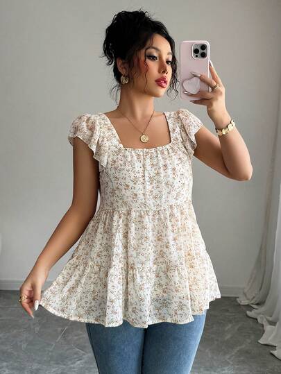 Ditsy Floral Square Neck Ruffle Hem Blouse