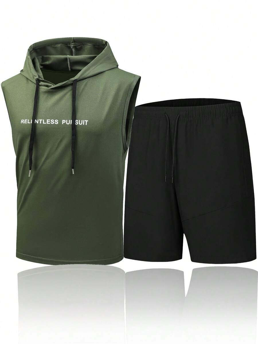 Summer Sports Set, Boyfriend Style Men's Fitness Loose Round Neck Short Sleeve T-Shirt With Running, Casual Sports Clothes, Athletic Suit, Tracksuit Boyfriend Style Men Shorts Set Boyfriend Style Men Two Pieces Outfits - Army Green - View 1