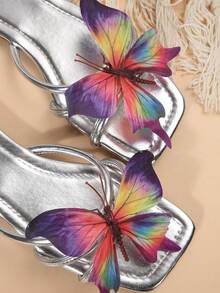 Flat Floral Strap Slide Sandals For Women, New Summer Fashion Dress Slippers, Elegant & Fresh, Suitable For Dates, Parties, Commute, Shopping, Gatherings, Beach - Silver - View 8