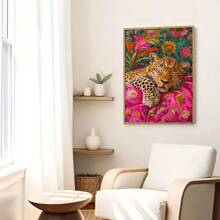 1pc Leopard Canvas Art Print - Frameless Vintage & Modern Wall Decor, Eclectic Maximalist Animal Art For Living Room, Bedroom, Or Home Office, Bold Pink & Green Retro Aesthetic