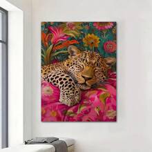 1pc Leopard Canvas Art Print - Frameless Vintage & Modern Wall Decor, Eclectic Maximalist Animal Art For Living Room, Bedroom, Or Home Office, Bold Pink & Green Retro Aesthetic