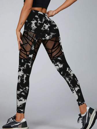 女士几何网眼印花瑜伽紧身裤，镂空透气速干紧身裤，女士黑色高腰穿孔健身运动裤，适合户外运动、训练