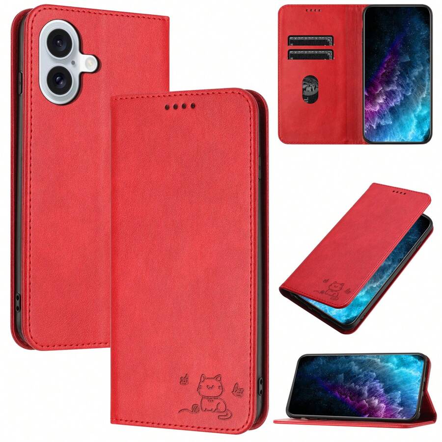 FFO2World Prägeschalen-Katzen-Business-Schutzhülle mit starkem Magnet für Apple i Phone 16/15/14/13/12 (Alle Pro/Plus/Pro Max Modelle) – Hochwertige Prägung, vollständige Umhüllung mit Klappdeckel, starke magnetische Haftung und stoßfest, Premium-Geschenk für Business-Anlässe. - Rot - Übersicht 1