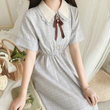 1 Pc Sweet Elegant Casual Patchwork Plaid Bowknot Princess Collar Mini Dress, Suitable For Birthday, Holiday Gifts, And Daily Casual Wear Halloween - Multicolor - View 4