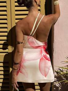 Deep V Neck Floral Print Slip Dress For Party - White - View 4