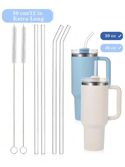 4 Packs Reusable Clear Glass Straws For 2.0 40oz Tumbler – 2 Straight + 2 Bent Straws With 2 Brushes | 12'' Extra Long 10mm Diameter Spill-Proof Design | Borosilicate Dishwasher Friendly Straw Set For Iced Coffee, Smoothies, Hiking & Camping | Enhanced Grip For Cups, & Travel Mugs,School Supplies