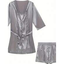 Summer Loungewear | Simple Casual Robe | Silky Texture Shorts,Men's Ice Sliky Fiber Fabric Two-Piece Hooded Robe Basic Long Robe + Shorts - Granny Gray - View 5