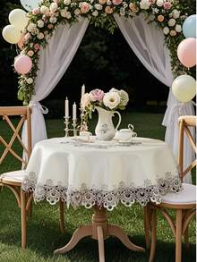 ABEST6522 Home&Living store 100% Polyester Round Tablecloth With Hollow Floral Lace Edge, Elegant Jacquard Fabric Circular Table Cover, Dustproof Decor Table Cloth For Dining Table Wedding Party Farmhouse Home Decor - Multicolor - View 4