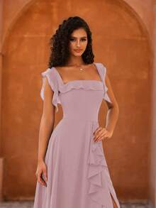 MOEVIO Gaun Malam Formal Wanita Elegan Model A-Line dengan Lengan Ruffle dan Bahu Terbuka, Belahan Paha Tinggi, Cocok untuk Acara Prom, Wisuda, Acara Pulang Kampung, Liburan, Musim Gugur dan Musim Semi - Dusty Pink - View 5
