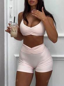 2pcs Women Fashionable Sexy & Comfortable Marl-Color Casual Sporty Set