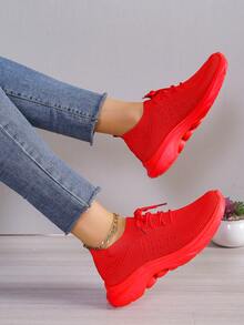 Women's Fashion Bohemian Style Round Toe Knit Lace-Up High Elastic Breathable Non-Slip Casual Sneakers - Rose Red - View 16