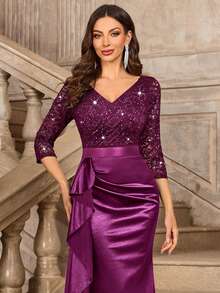 MIUSOL Elegancka sukienka maxi z dekoltem w serek, koronką i cekinami, falbanką i satynowym wykończeniem, rękawami 3/4, na wieczorne przyjęcie - Kasztanowy - Zobacz 8